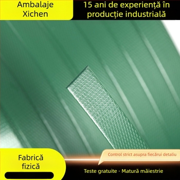 Bandă PET poliester de înaltă rezistență pentru mașini — pentru ambalare carton, lemn și hârtie; tracțiune de 500 kg; role exterior 600 mm, interior 406 mm; greutate 20/50 kg