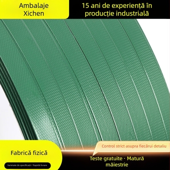 Bandă PET poliester de înaltă rezistență pentru mașini — pentru ambalare carton, lemn și hârtie; tracțiune de 500 kg; role exterior 600 mm, interior 406 mm; greutate 20/50 kg