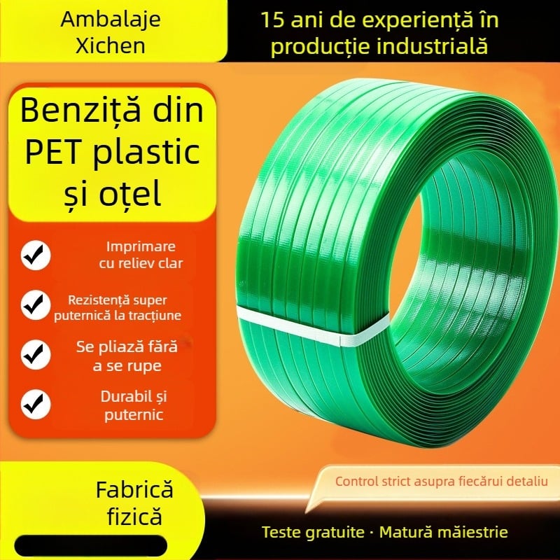 Bandă PET poliester de înaltă rezistență pentru mașini — pentru ambalare carton, lemn și hârtie; tracțiune de 500 kg; role exterior 600 mm, interior 406 mm; greutate 20/50 kg