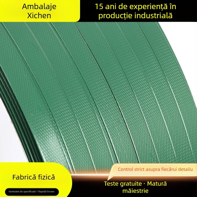 Bandă PET poliester de înaltă rezistență pentru mașini — pentru ambalare carton, lemn și hârtie; tracțiune de 500 kg; role exterior 600 mm, interior 406 mm; greutate 20/50 kg