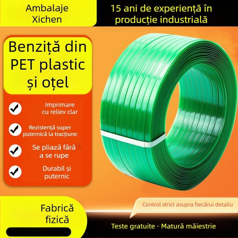 Bandă PET poliester de înaltă rezistență pentru mașini — pentru ambalare carton, lemn și hârtie; tracțiune de 500 kg; role exterior 600 mm, interior 406 mm; greutate 20/50 kg