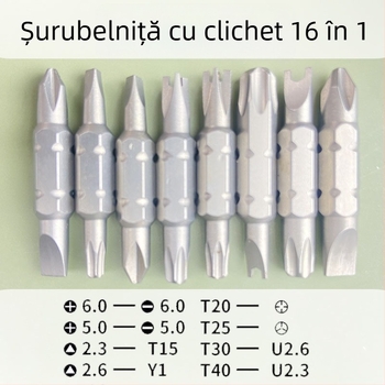 Set de șurubelnițe cu răcnet 16 în 1, unghiuri multiple, economisește efortul, capete reglabile — lamă din oțel crom-vanadiu, magnetic, izolat, format metric