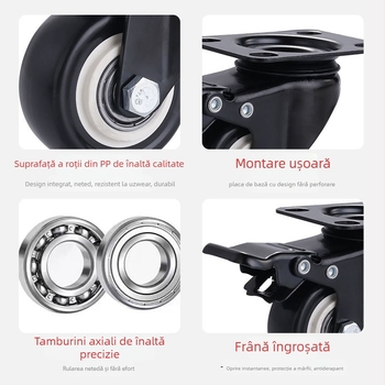 Ding Cheng roată pivotantă din polipropilenă cu frână — bază plată, rezistentă la abraziune, flexibilă, netedă