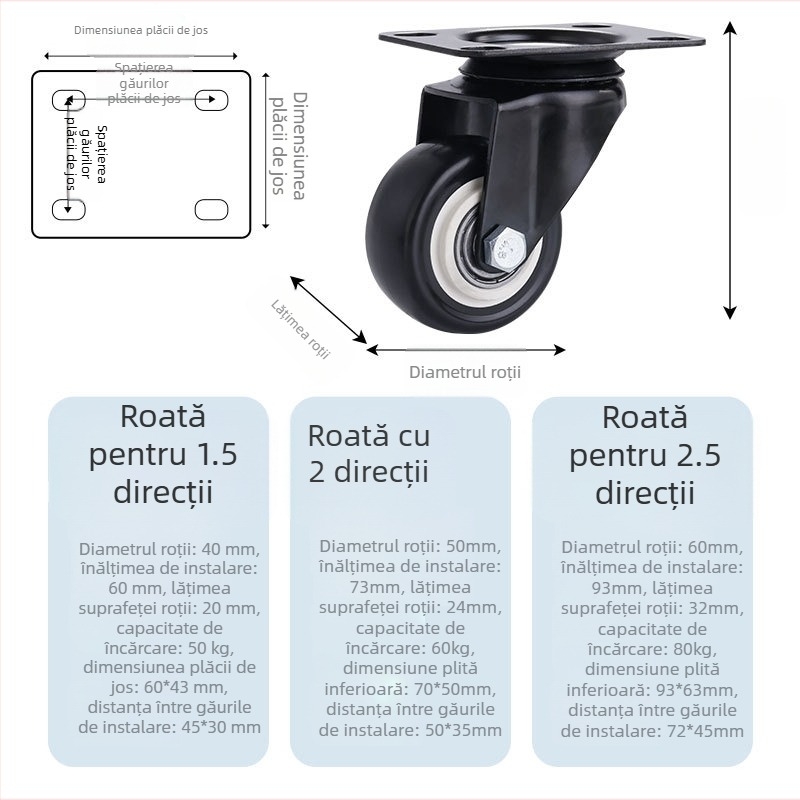 Ding Cheng roată pivotantă din polipropilenă cu frână — bază plată, rezistentă la abraziune, flexibilă, netedă