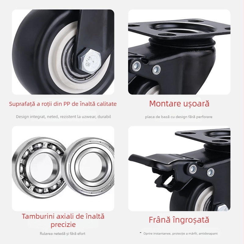 Ding Cheng roată pivotantă din polipropilenă cu frână — bază plată, rezistentă la abraziune, flexibilă, netedă