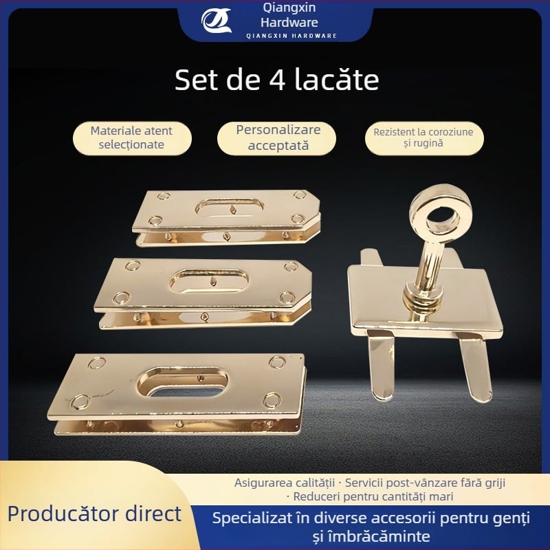 Set cu patru piese de feronerie pentru genți și produse din piele — aliaj de zinc, lacăt, cataramă din piele, șuruburi și bază