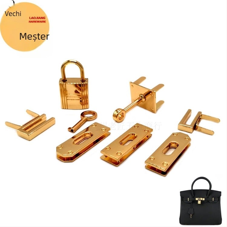 Set cu 8 accesorii pentru hardware-ul de geantă: încuietoare răsucită, ochișor (eyelet) și lacăt; aliaj de zinc; model A078; pentru bagaje