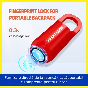 Lacăt biometric cu amprentă, mini, pentru rucsaci, bagaje și dulapuri – Model ZW205; stocare 10 amprente; deblocare sub 1 secundă; FAR 0.001; FRR 10