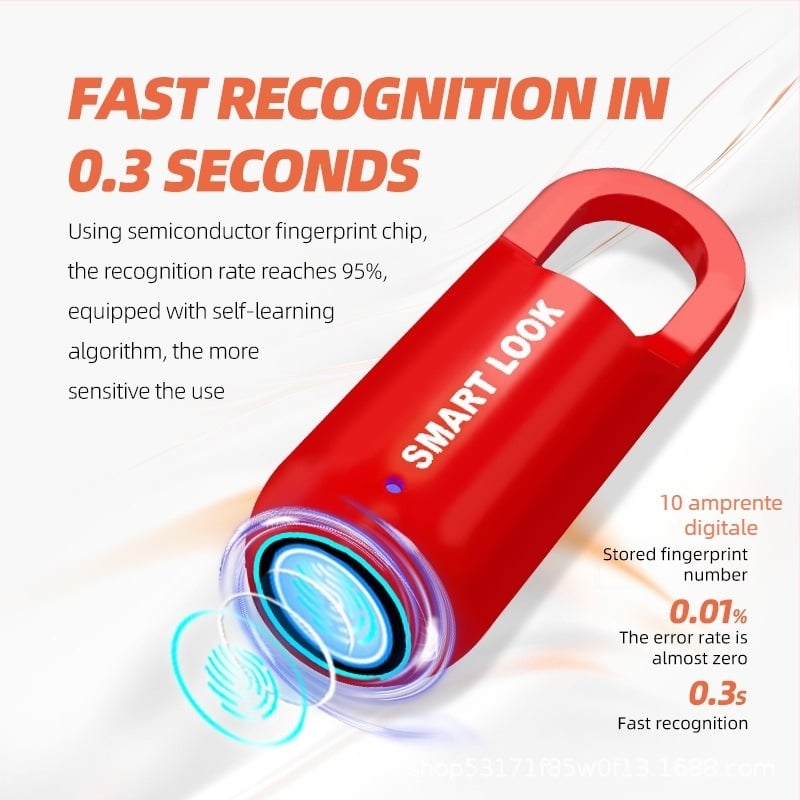 Lacăt biometric cu amprentă, mini, pentru rucsaci, bagaje și dulapuri – Model ZW205; stocare 10 amprente; deblocare sub 1 secundă; FAR 0.001; FRR 10