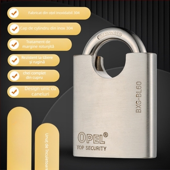 BXG-BL lacăt din oțel inoxidabil 304 – impermeabil, rezistent la rugină, antiefracție și anti-tăiere, cheie din cupru