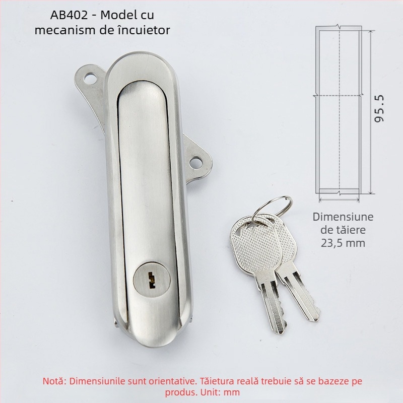 AB402 încuietoare plată pentru dulapuri, oțel inoxidabil, cu cheie, montaj cu sloturi