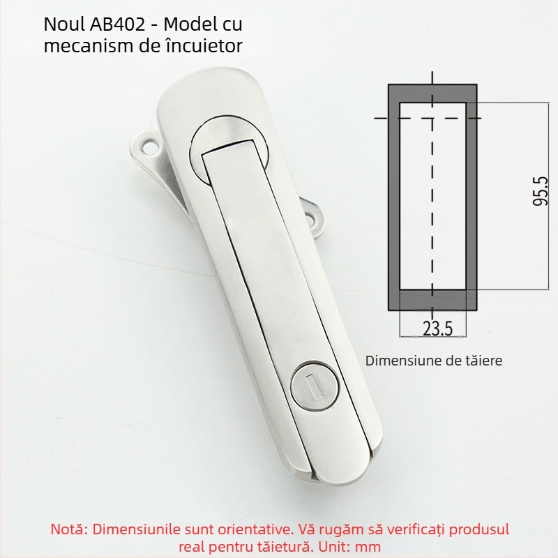 AB402 încuietoare plată pentru dulapuri, oțel inoxidabil, cu cheie, montaj cu sloturi