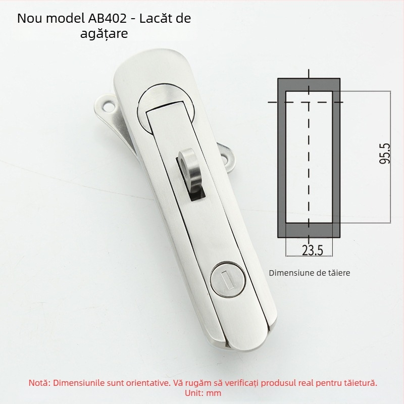AB402 încuietoare plată pentru dulapuri, oțel inoxidabil, cu cheie, montaj cu sloturi