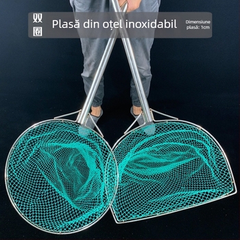 Geantă de pescuit din oțel inoxidabil, cu inele interne duble, plasă din sârmă cu 9 fire și ochi mici, mâner lung antiderapant