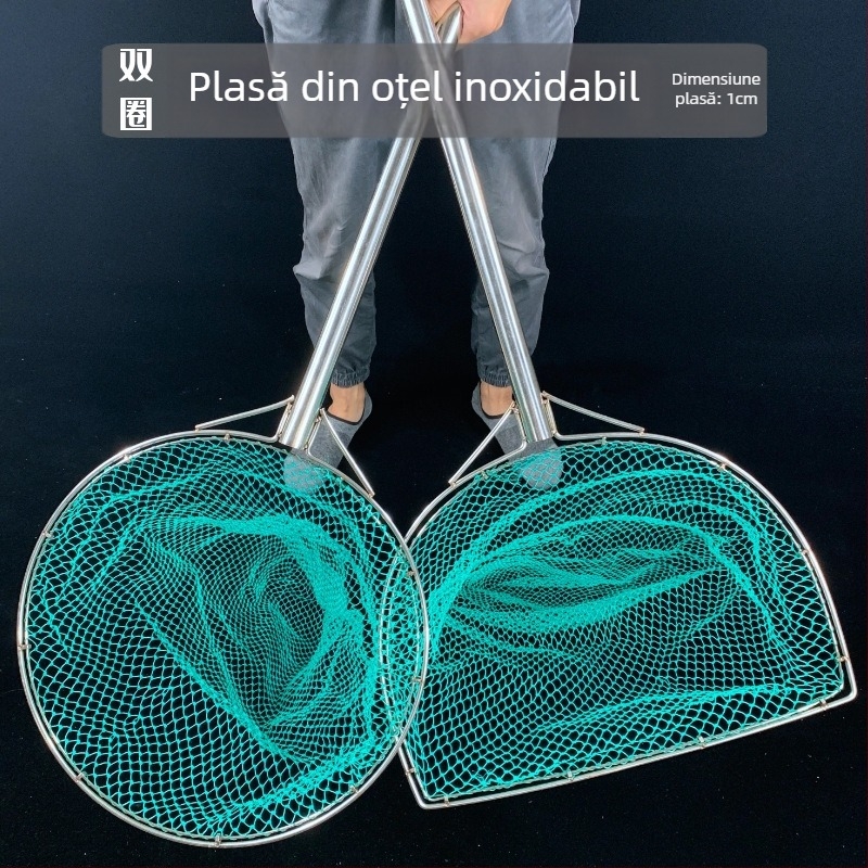 Geantă de pescuit din oțel inoxidabil, cu inele interne duble, plasă din sârmă cu 9 fire și ochi mici, mâner lung antiderapant