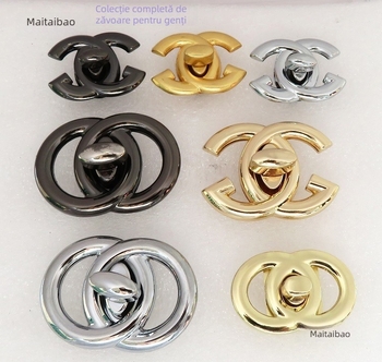 Accesorii pentru geantă: inel dublu semicerc și cataramă de închidere prin răsucire, pentru genți în stil Chanel, finisaj metalic