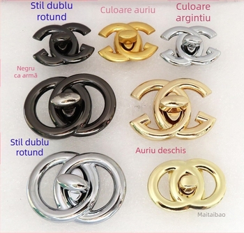 Accesorii pentru geantă: inel dublu semicerc și cataramă de închidere prin răsucire, pentru genți în stil Chanel, finisaj metalic