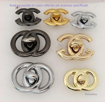 Accesorii pentru geantă: inel dublu semicerc și cataramă de închidere prin răsucire, pentru genți în stil Chanel, finisaj metalic