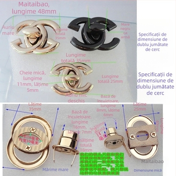 Accesorii pentru geantă: inel dublu semicerc și cataramă de închidere prin răsucire, pentru genți în stil Chanel, finisaj metalic