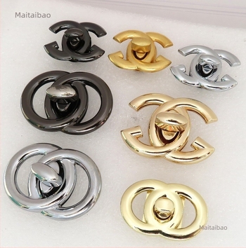 Accesorii pentru geantă: inel dublu semicerc și cataramă de închidere prin răsucire, pentru genți în stil Chanel, finisaj metalic