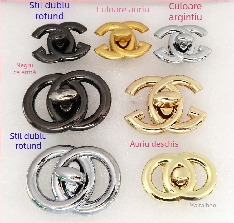 Accesorii pentru geantă: inel dublu semicerc și cataramă de închidere prin răsucire, pentru genți în stil Chanel, finisaj metalic