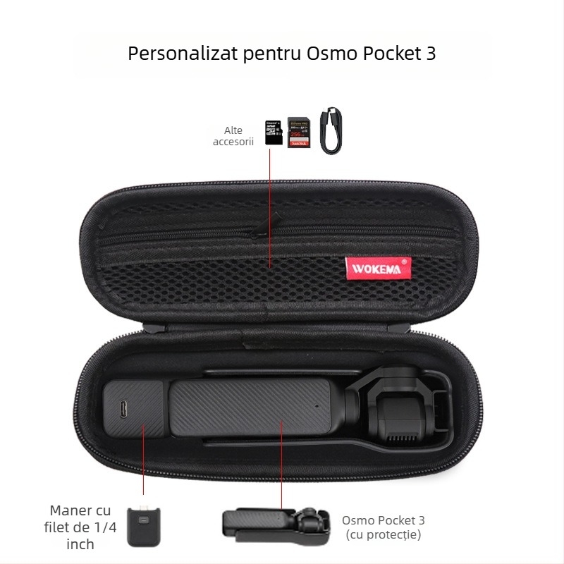 Carcasă portabilă pentru camera Pocket 3 cu capac de ecran și spațiu pentru accesorii, căptușeală Lycra, 140 g, model Pocket 3
