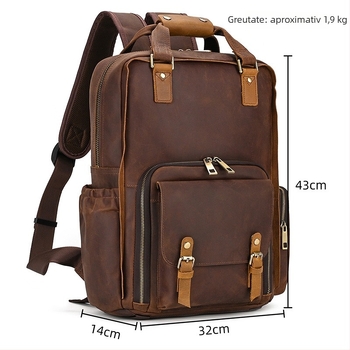 Rucsac pentru DSLR din piele naturală, model 1828, compatibil Nikon/Canon, curele cu pernă de aer, căptușală interioară detașabilă