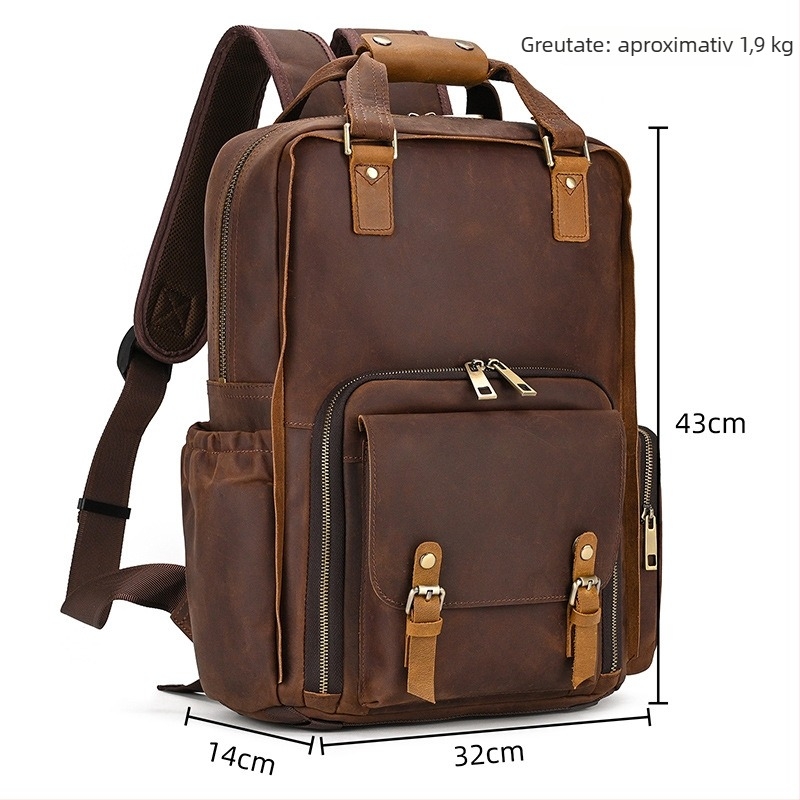 Rucsac pentru DSLR din piele naturală, model 1828, compatibil Nikon/Canon, curele cu pernă de aer, căptușală interioară detașabilă