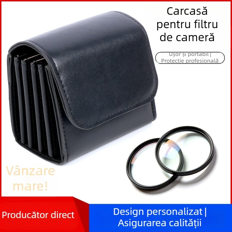 Geantă din piele PU pentru obiective/filtre de cameră, cu set de 5 filtre UV pentru DSLR și cameră digitală