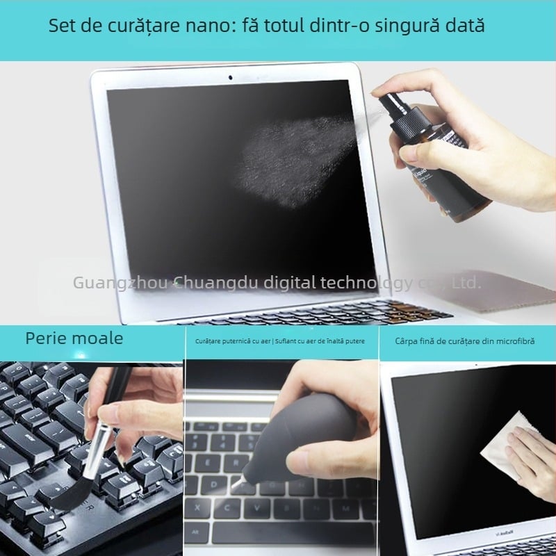 Kit de curățare pentru notebook, telefon mobil și cameră digitală — Chuangdu cd-1122; conținut: detergent, cârpă, perie, pompă de aer; Anul lansării: 2020