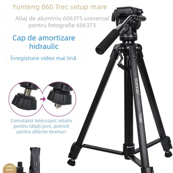 Tripod Yunteng VCT-860AV cu cap hidraulic, din aliaj de aluminiu, 3 secțiuni, încărcare maximă 4 kg, placă de eliberare rapidă