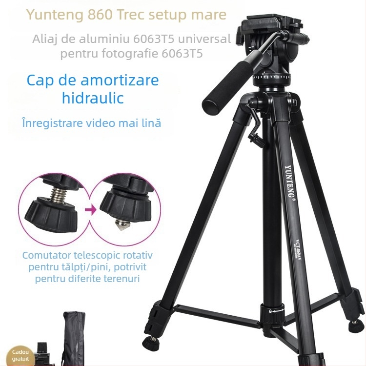 Tripod Yunteng VCT-860AV cu cap hidraulic, din aliaj de aluminiu, 3 secțiuni, încărcare maximă 4 kg, placă de eliberare rapidă