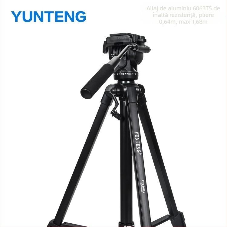 Tripod Yunteng VCT-860AV cu cap hidraulic, din aliaj de aluminiu, 3 secțiuni, încărcare maximă 4 kg, placă de eliberare rapidă