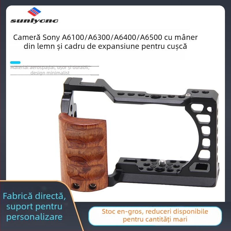 Rabbit Cage pentru cameră mirrorless – fotografie verticală, compatibil cu Sony A6000/A6300/A6400/A6500; Material: aliaj de aluminiu; Încărcare maximă 6–10 kg; Greutate 149 g