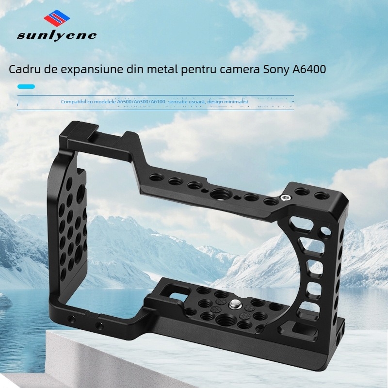 Rabbit Cage pentru cameră mirrorless – fotografie verticală, compatibil cu Sony A6000/A6300/A6400/A6500; Material: aliaj de aluminiu; Încărcare maximă 6–10 kg; Greutate 149 g