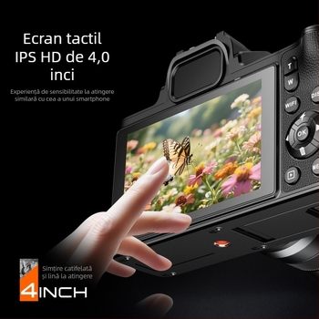 Cameră mirrorless D90, 5K rezoluție, ecran tactil de 3,2 inci, obiectiv fix, stabilizare electronică a imaginii.