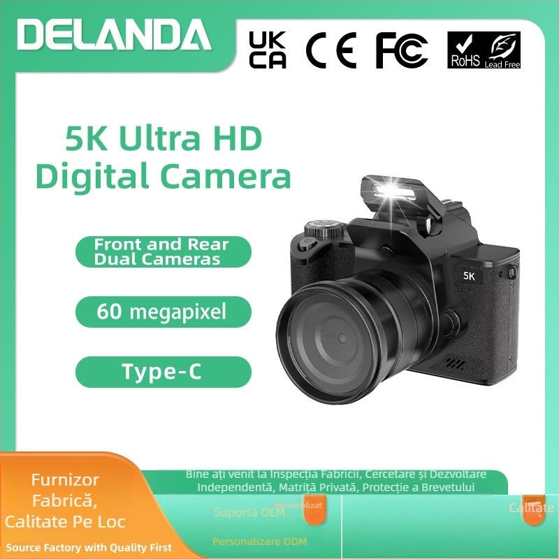 Cameră mirrorless D90, 5K rezoluție, ecran tactil de 3,2 inci, obiectiv fix, stabilizare electronică a imaginii.