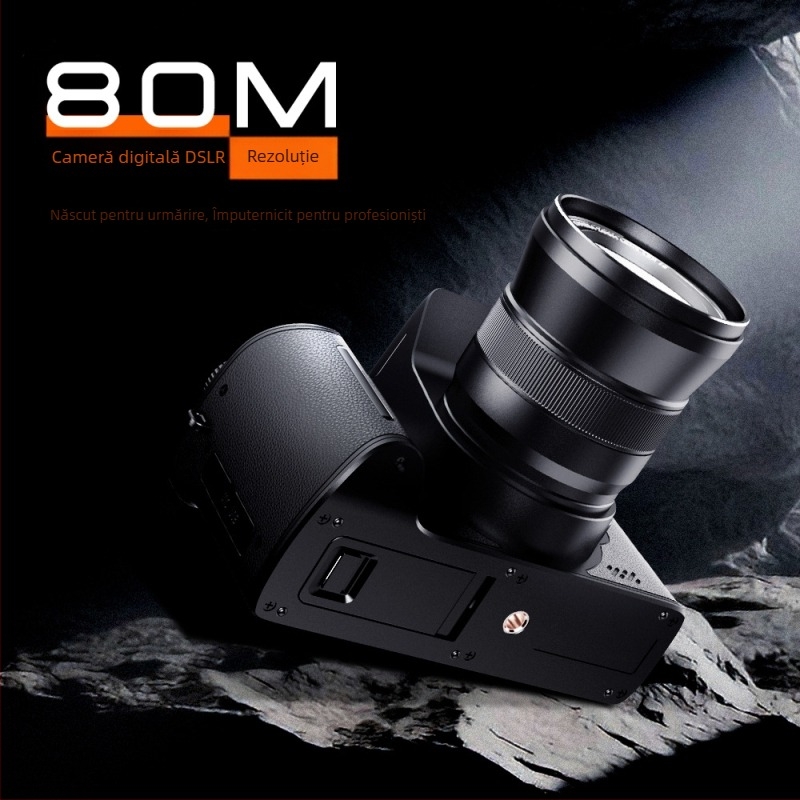 Cameră mirrorless D90, 5K rezoluție, ecran tactil de 3,2 inci, obiectiv fix, stabilizare electronică a imaginii.