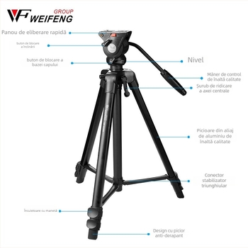 Weifeng WF-3308A Trepied pentru DSLR cu cap 3D PTZ, aliaj de aluminiu, picioare din 3 secțiuni, placă cu eliberare rapidă, greutate 2,16 kg