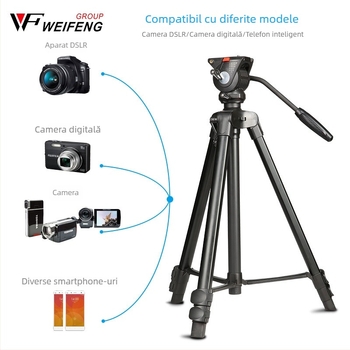 Weifeng WF-3308A Trepied pentru DSLR cu cap 3D PTZ, aliaj de aluminiu, picioare din 3 secțiuni, placă cu eliberare rapidă, greutate 2,16 kg