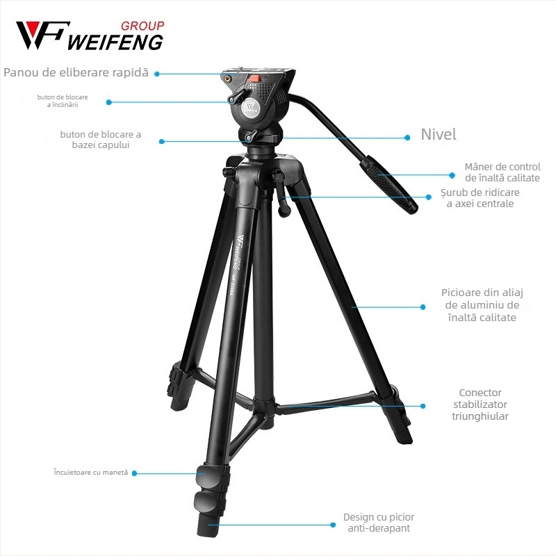 Weifeng WF-3308A Trepied pentru DSLR cu cap 3D PTZ, aliaj de aluminiu, picioare din 3 secțiuni, placă cu eliberare rapidă, greutate 2,16 kg