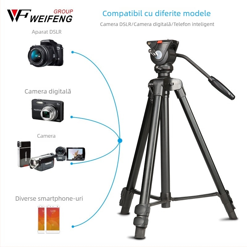 Weifeng WF-3308A Trepied pentru DSLR cu cap 3D PTZ, aliaj de aluminiu, picioare din 3 secțiuni, placă cu eliberare rapidă, greutate 2,16 kg