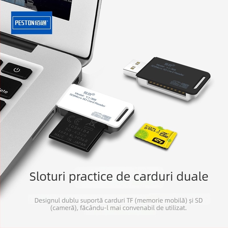 PESTON cititor USB 2.0 2 în 1 pentru microSD/TF, model Bai Tong Yi Jin YJ-368 • instalare externă • suport TF/microSD • greutate 0.3
