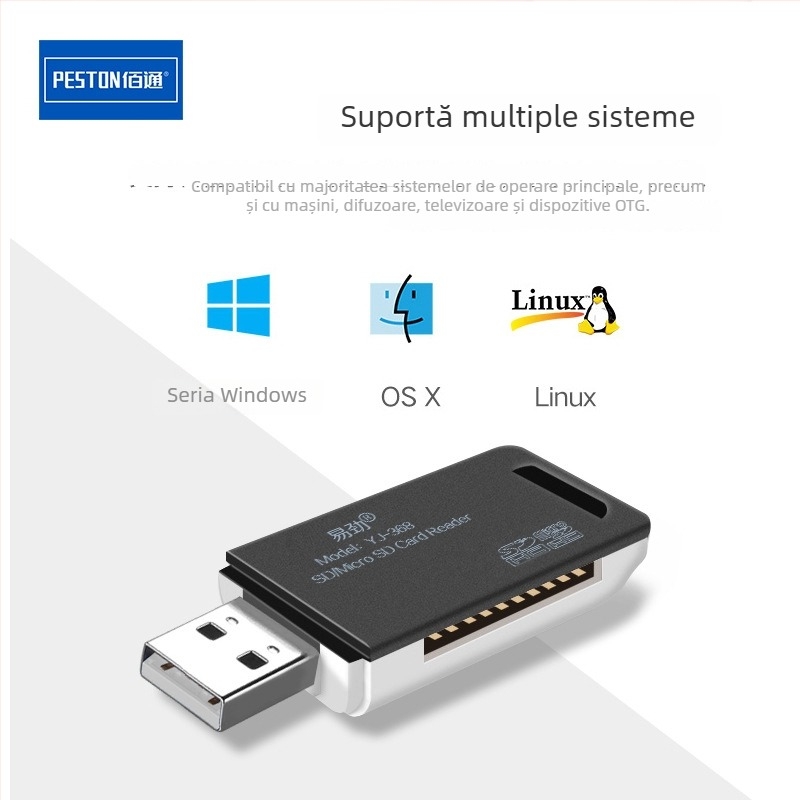 PESTON cititor USB 2.0 2 în 1 pentru microSD/TF, model Bai Tong Yi Jin YJ-368 • instalare externă • suport TF/microSD • greutate 0.3