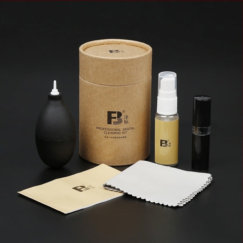 FB standard All-in-One kit de curățare pentru camere digitale, SLR și LCD – suflare aer, perie, cârpe, lichid de curățare, hârtie pentru lentile; Origine Shenzhen; Material Kraft; OEM