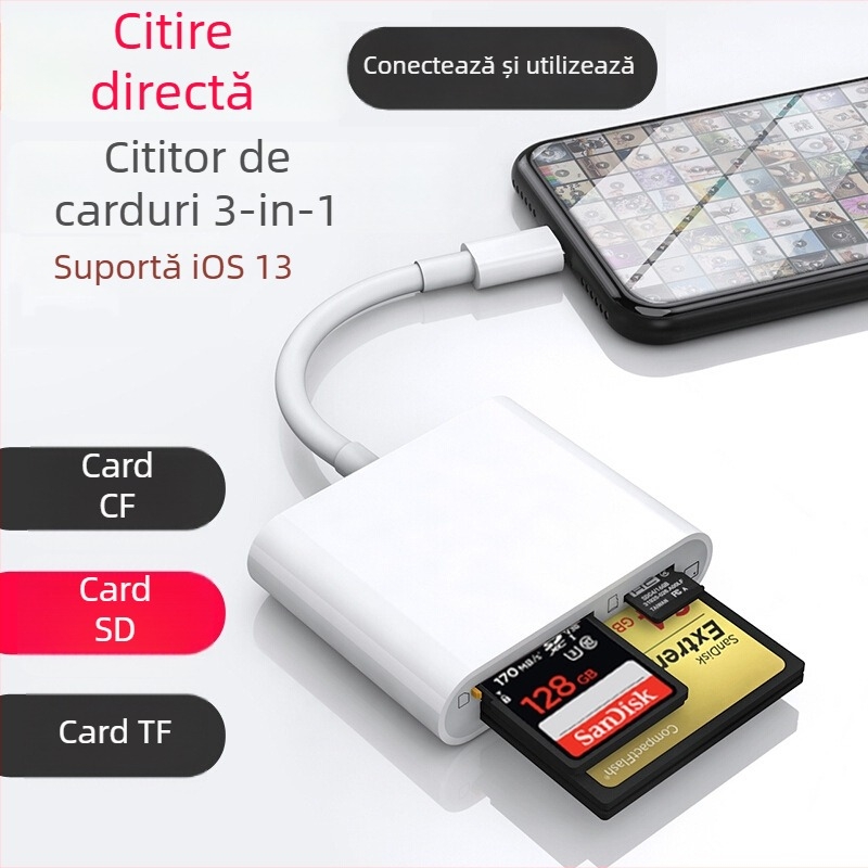 Cititor de carduri trei în unu CF/SD/TF pentru dispozitive iOS – cititor extern de înaltă viteză, suport CF/SD/SDHC/TF/MicroSD