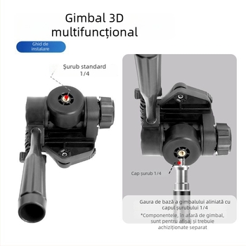 Suport pentru telefon cu gimbal 3D și placă de eliberare rapidă – Stabilizator panoramic pentru trepied universal, montaj 1/4-inch sau 6 mm, corp din plastic, rotire 180° orizontal / 90° vertical, 360° rotire, 270 g