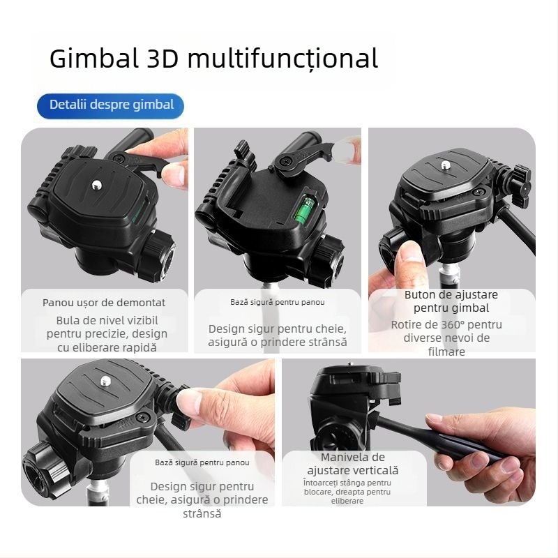 Suport pentru telefon cu gimbal 3D și placă de eliberare rapidă – Stabilizator panoramic pentru trepied universal, montaj 1/4-inch sau 6 mm, corp din plastic, rotire 180° orizontal / 90° vertical, 360° rotire, 270 g