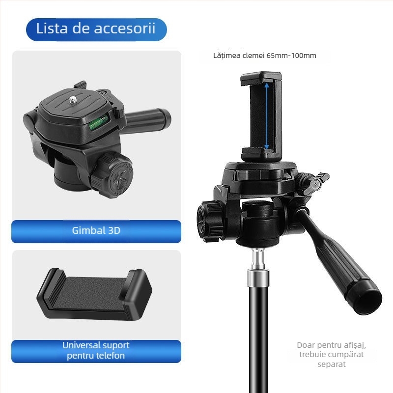 Suport pentru telefon cu gimbal 3D și placă de eliberare rapidă – Stabilizator panoramic pentru trepied universal, montaj 1/4-inch sau 6 mm, corp din plastic, rotire 180° orizontal / 90° vertical, 360° rotire, 270 g