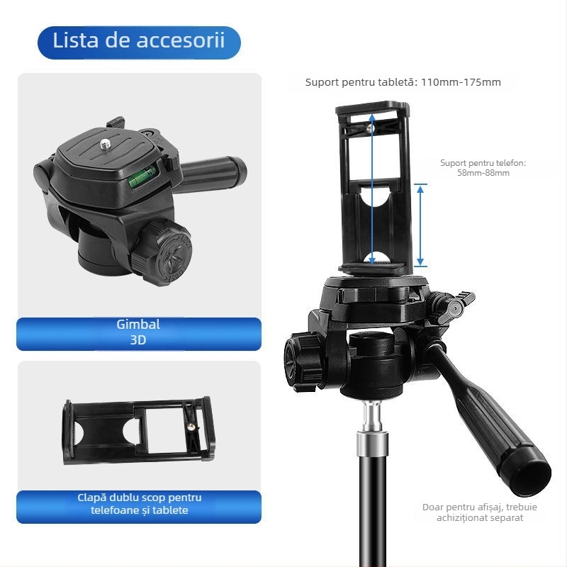 Suport pentru telefon cu gimbal 3D și placă de eliberare rapidă – Stabilizator panoramic pentru trepied universal, montaj 1/4-inch sau 6 mm, corp din plastic, rotire 180° orizontal / 90° vertical, 360° rotire, 270 g